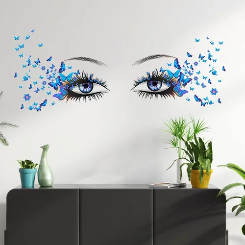 Vista 4 de Calcomanías de pared azules con ojos de pestañas, 4 hojas, vinilo mate premium, calcomanías de mariposa, impermeables, para mujeres y niñas