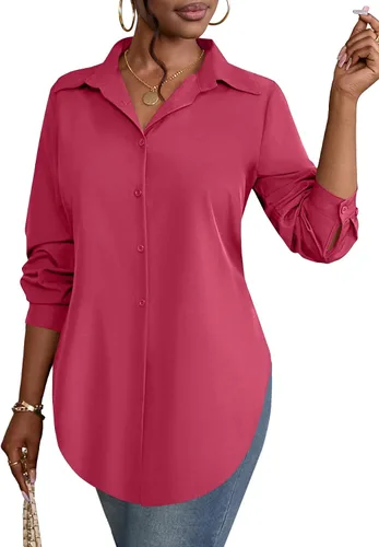 Vista 22 de Rooscier Blusa larga con cuello en V para mujer, manga larga, abertura lateral, con botones