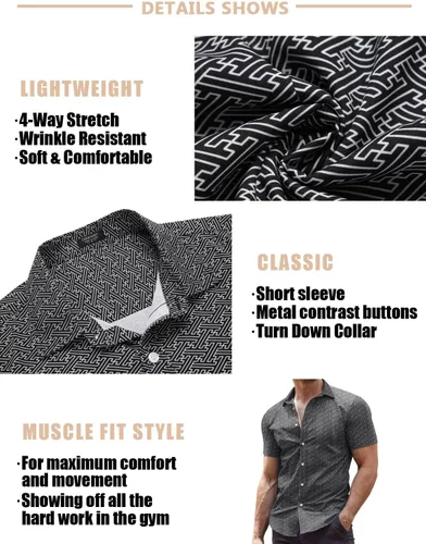 Vista 5 de COOFANDY Camisas de vestir para hombre, sin arrugas, manga corta, casual, con botones