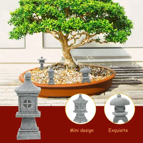 Vista 4 de Kisangel 3 piezas de adornos de jardín de piedra arenisca en forma de pabellón estatuas en miniatura para terrario zen pequeño decoración de jardín