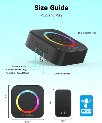 Vista 8 de Kit de timbre inalámbrico, timbre autoalimentado sin batería, rango de 600 pies, 63 campanas seleccionables, volumen ajustable con luz RGB, timbre