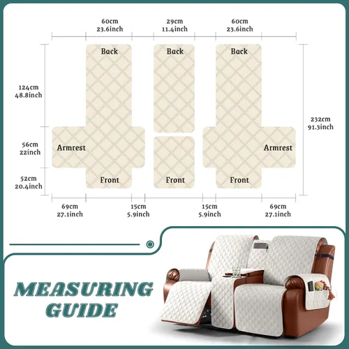 Vista 2 de Ruaozz Funda impermeable para sofá biplaza reclinable con consola, funda antideslizante para sofá reclinable dividido, con correas elásticas Beige