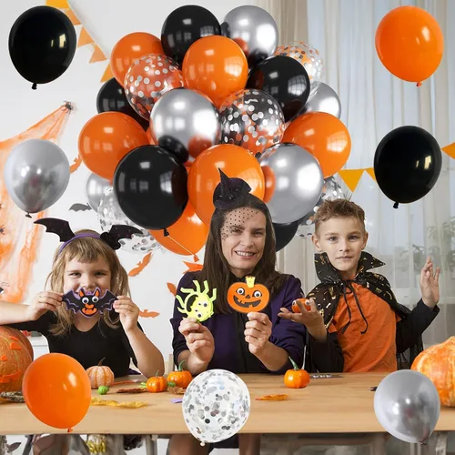 Vista 9 de Globos Negros y Naranjas de 12 Pulgadas, Globos de Confeti Negro Naranja Plateado, Globos de Halloween Trick or Treat para Niños y Hombres