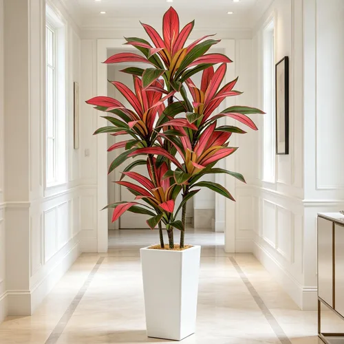 Vista 14 de Roselywed - Árbol de Dracaena artificial rojo de 5 pies, 90 hojas y maceta Maceta alta gris