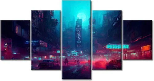 Vista 90 de Cuadros de 5 paneles de Cyberpunk City, arte de pared, representación de vallas publicitarias, edificios modernos en la capital con obras de arte