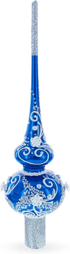 Vista 2 de Remolinos plateados sobre adorno de árbol de cristal azul