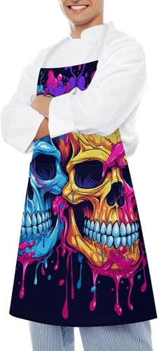 Vista 4 de Personalized Two Different Skulls Adult Apron, Kitchen Cooking Aprons for Woman Man, Adjustable Bib Apron with Pocket for Baking, BBQ Crafting