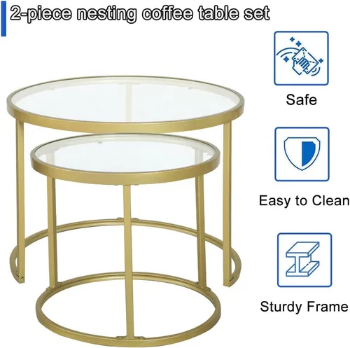 Vista 5 de Juego de 2 mesas de centro anidadas doradas, pequeñas mesas anidables de vidrio para sala de estar, dormitorio, mesa de té decorativa con marco