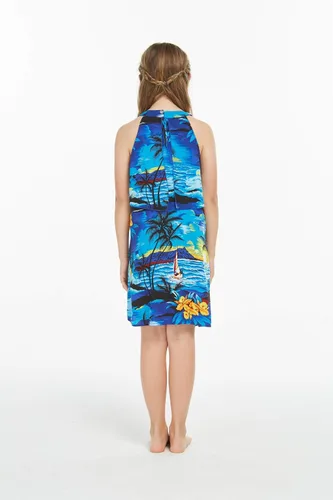 Vista 3 de Ropa de Luau hawaiana a juego para hombres, mujeres, niñas, niños en color azul atardecer, Azul