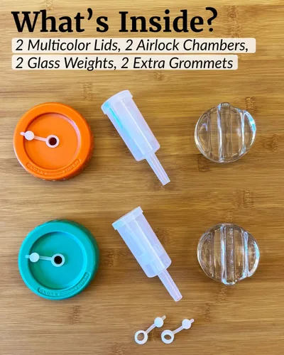 Vista 6 de Elementi Kit de fermentación – Juego de 2 pesos de fermentación de vidrio y tapas de fermentación de tarro de masón de boca ancha – Kit de chucrut