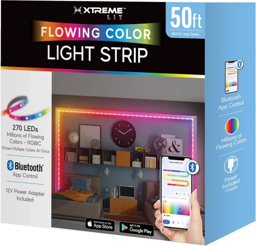 Vista 8 de XTREME Tira de luz LED RGB+IC, tira de luz LED de 50 pies para interiores, reactiva con sonido multicolor, control de aplicación Bluetooth, luces