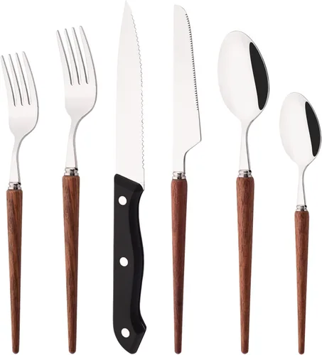 Vista 8 de Juego de cubiertos de acero inoxidable para 4 Uniturcky 24 piezas con cuchillos para carne, juego de cubiertos con mango de madera para el hogar