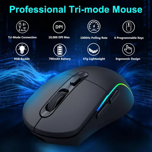 Vista 2 de E-YOOSO Mouse inalámbrico para juegos, 10,000 DPI, trimodo de 2.4 GHz/Bluetooth/USB-C con cable, retroiluminación RGB, 6 botones programables, mouse