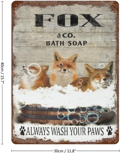 Vista 2 de Placa colgante de hierro vintage con diseño de zorro, letrero de hojalata vintage con texto en inglés "Wash Your Paws", letrero de metal para bar
