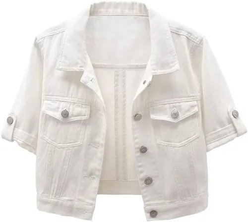 Vista 10 de Chaqueta de mezclilla de manga corta para mujer, con botones, chal elástico