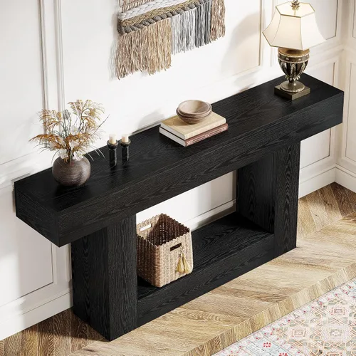 Vista 8 de Tribesigns Mesa consola de 63 pulgadas, mesa de entrada de 2 niveles con base en forma de U, mesa de sofá estrecha y larga de madera detrás del sofá