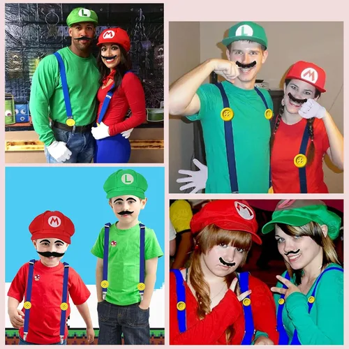 Vista 5 de Bros Mary & Luigi - Disfraz de sombrero de bigote, guantes y botones, disfraz de cosplay para adultos, mujeres, hombres y niños, disfraz de Halloween