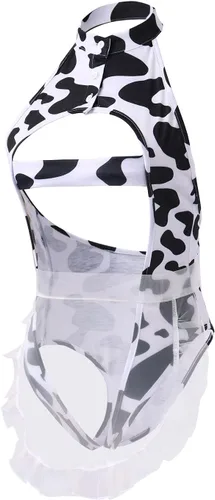Vista 4 de IBTOM CASTLE Disfraz de vaca sexy dálmata de leopardo de leche peluda, traje kawaii, conjunto de lencería para mujer