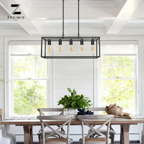 Vista 4 de Lámpara de isla de cocina con enchufe de granja, industrial moderna lámpara lineal de 5 luces con cable de 17.5 pies, lámparas rectangulares