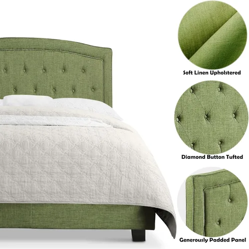 Vista 2 de Rosevera Layla - Marco de cama de panel con cabecera ajustable con botones para dormitorio/tapizado de lino, soporte de listones de madera/fácil