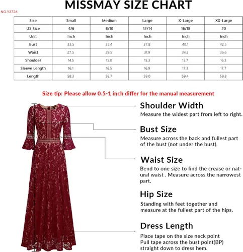 Vista 6 de MISSMAY - Vestido largo formal con mangas de campana, hecho totalmente en encaje, estilo vintage, para mujer