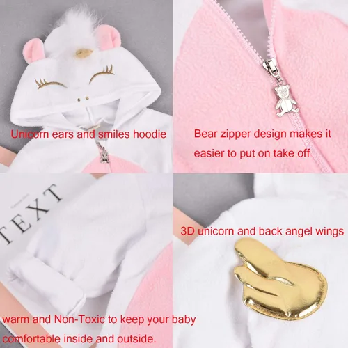 Vista 4 de Mameluco con capucha y cremallera con capucha y alas de ángel de unicornio 3D para bebé, ropa de Navidad, color rosa y blanco