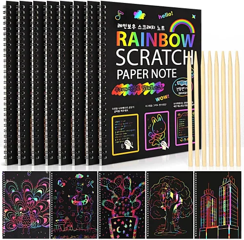 Vista 9 de Paquete de 4 cuadernos de dibujo Scratch Arts para niños, juego de papel de dibujo grande de arco iris para suministros de arte para niños