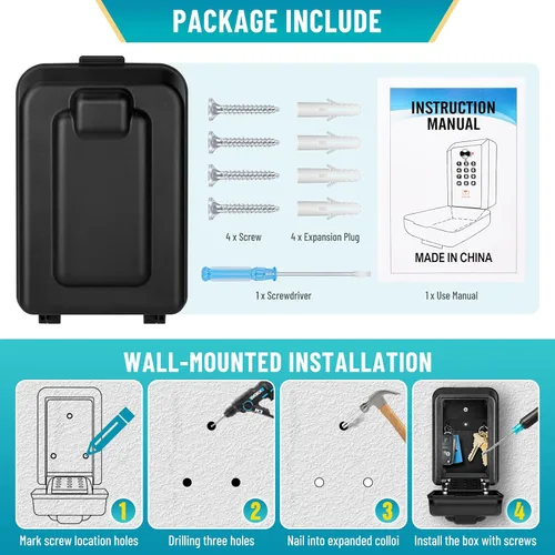 Vista 7 de Caja de bloqueo de llave con código, caja de seguridad montada en la pared para llaves con código reposable, caja de seguridad para exteriores