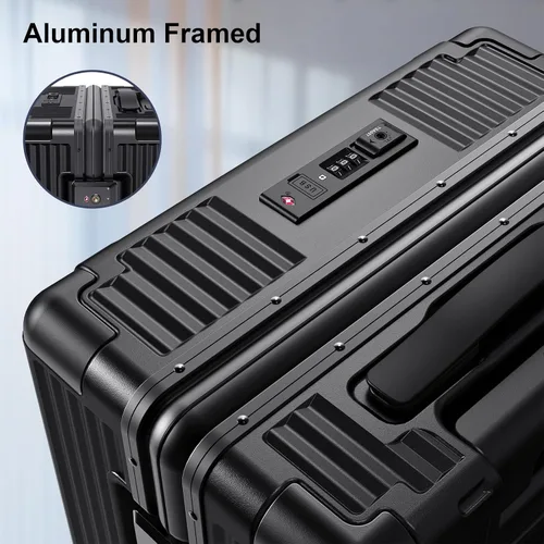 Vista 5 de SOMODE Equipaje de mano aprobado por aerolíneas con ruedas giratorias, maleta de transporte con marco de aluminio con compartimento frontal abierto