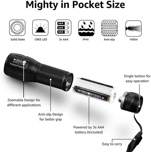 Vista 5 de Linternas LED de alto lúmenes, linterna pequeña, impermeable, luz de flash de enfoque ajustable para exteriores, emergencia, accesorios tácticos