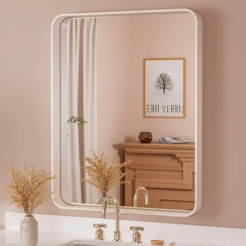 Vista 76 de Espejo de marco dorado cepillado de 16 x 24 pulgadas, espejo de tocador de baño de latón dorado para pared, espejo enmarcado rectangular de esquina