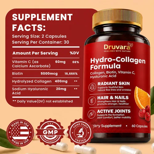 Vista 6 de Colágeno hidrolizado con biotina y vitamina C Pastillas de colágeno para hidratación de la piel, comodidad de las articulaciones y cabello y uñas