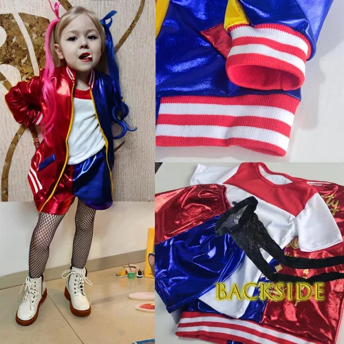 Vista 6 de Conjunto de 7 piezas de disfraz para niña con chaqueta, camiseta, pantalones cortos, guante, peluca, Halloween, jugador de béisbol, cosplay, traje