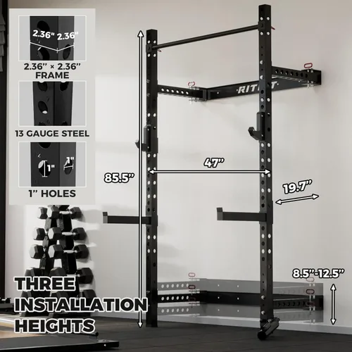 Vista 3 de RitFit 2.36'' x 2.36'' Folding Squat Rack for Home Gym, Wall Mounted Squat Rack with Attachments - Space Saving Squat Power Rack Negro