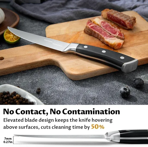 Vista 4 de OAKSWARE - Juego de 4 cuchillos para carne, no dentados, con mango ergonómico forjado de espiga completa, acero inoxidable alemán de alto carbono