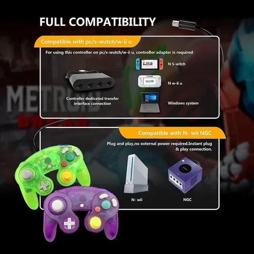 Vista 4 de FIOTOK Gamecube - Controlador clásico con cable para Wii Nintendo Gamecube (morado claro y verde transparente, paquete de 2)