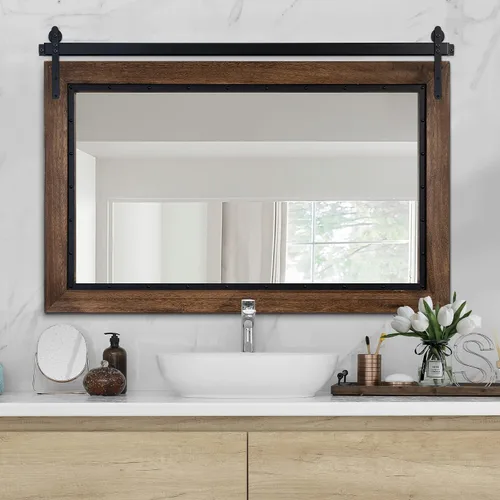 Vista 9 de Espejo de Puerta de Granero Estilo Granja, 32"x24" Espejo de Baño Rústico, Espejo de Pared con Marco de Madera, Espejo de Madera para Sala de Estar