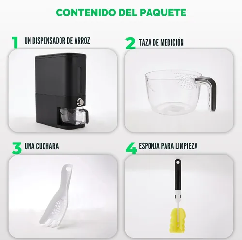 Vista 5 de Dispensador de arroz 25 libras Contenedor de almacenamiento de arroz 25 libras con esponja, cuchara y taza medidora Contenedor de arroz
