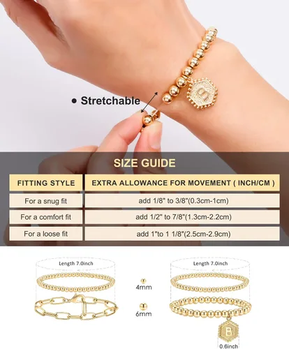 Vista 4 de Doubgood - Pulseras de cuentas de oro para mujer, juego de pulseras apilables de oro para mujeres y hombres, pulsera de cuentas elásticas chapada