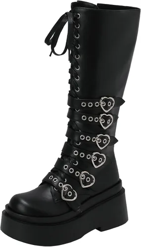 Vista 83 de Parisuit Botas góticas altas hasta la rodilla con hebilla de plataforma para mujer, tacón alto grueso, con cordones, botas de combate punk, con Negro