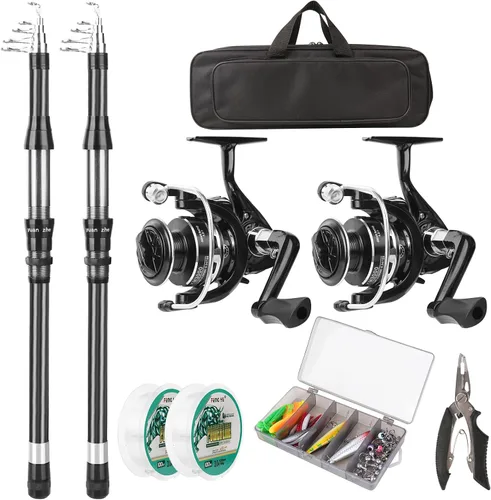 Vista 2 de Combo de carrete de caña de pescar, 2 cañas de pesca telescópicas de 6.89 pies, 2 carretes giratorios, juego de alicates de pesca con bolsa