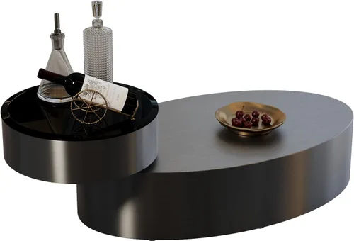 Vista 10 de Mesa auxiliar giratoria ovalada dorada, mesa central de lujo moderna de 2 niveles con parte superior redonda giratoria de 360°, mesa de té con base