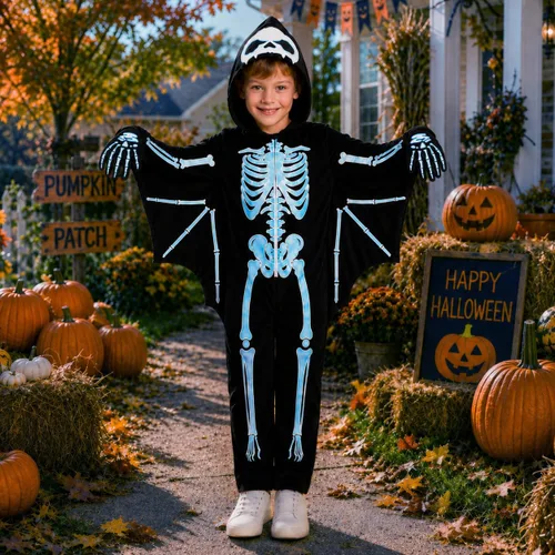 Vista 3 de Weixinbuy Disfraz de esqueleto de Halloween para niños que brillan en la Negro #1