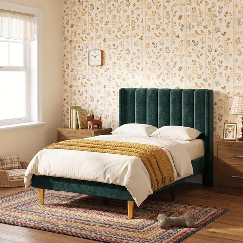 Vista 11 de Cama de plataforma tapizada de terciopelo Queen con cabecera con respaldo de alas, color crema Canal vertical acolchonado, listones de madera