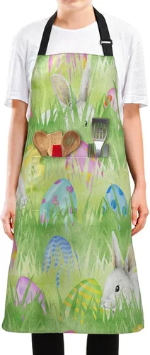 Vista 2 de Delantal con diseño de huevos de conejo de Pascua en acuarela para mujeres y hombres, delantal de cocina con cuello ajustable y bolsillos grandes