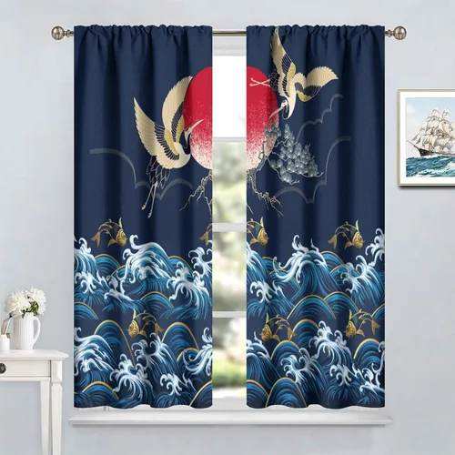 Vista 4 de Cortinas de estilo japonés, grúas onduladas, luna llena dorada, cortinas opacas para sala de estar, dormitorio, puerta Noren, azul marino, peces