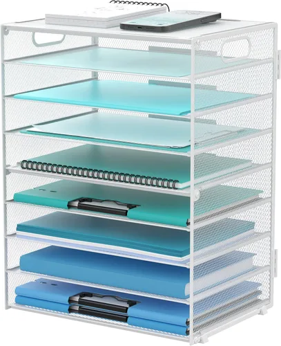 Vista 15 de DALTACK - Organizador de escritorio con bandeja de cartas de 9 niveles con asas, organizador de archivos de malla, organizador de escritorio