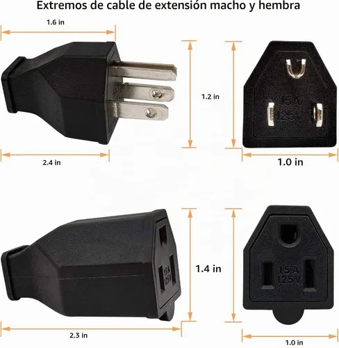 Vista 2 de Enchufe de hoja recta de 15 amperios y 125 voltios, conexión a tierra de 3 cables de repuesto de cable de extensión macho, enchufe, hoja recta
