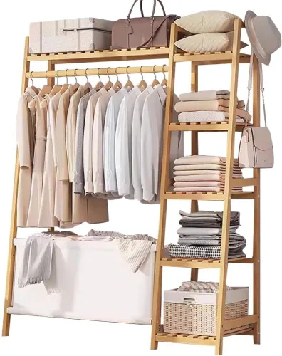 Vista 8 de Bamboo Coat Rack with Storage Rack,Freestanding Clothes Rack with Storage Bag,Wood Closet Shelf with Hanging Rod,Clothes Storage Organizer