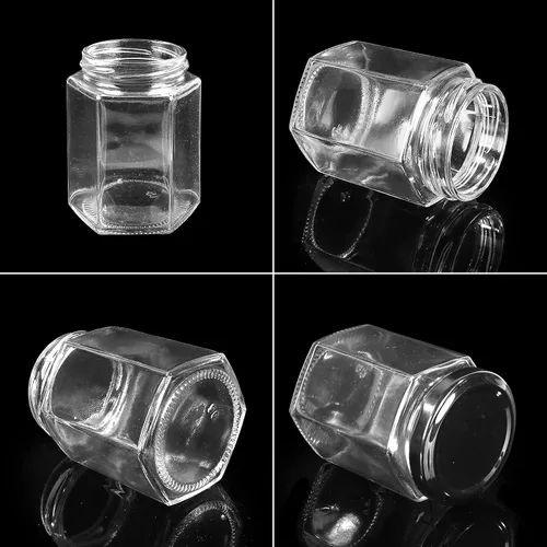 Vista 7 de Betrome - Paquete de 30 tarros hexagonales de vidrio transparente de 6 onzas con tapas negras Negro (black Lids)